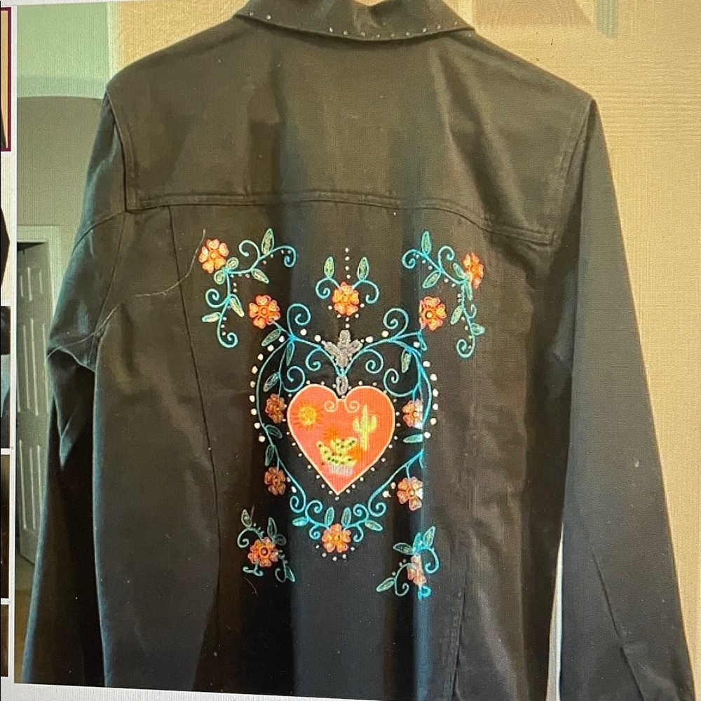 VTG Michael Simon Heart of Southwest Denim Black Embroidered Jacket M